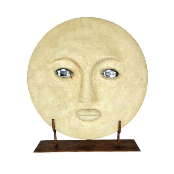 Vintage Moon Face Plaster Large Round Plaque Modernist Sculpture Art on Stand - Picture 1 of 7